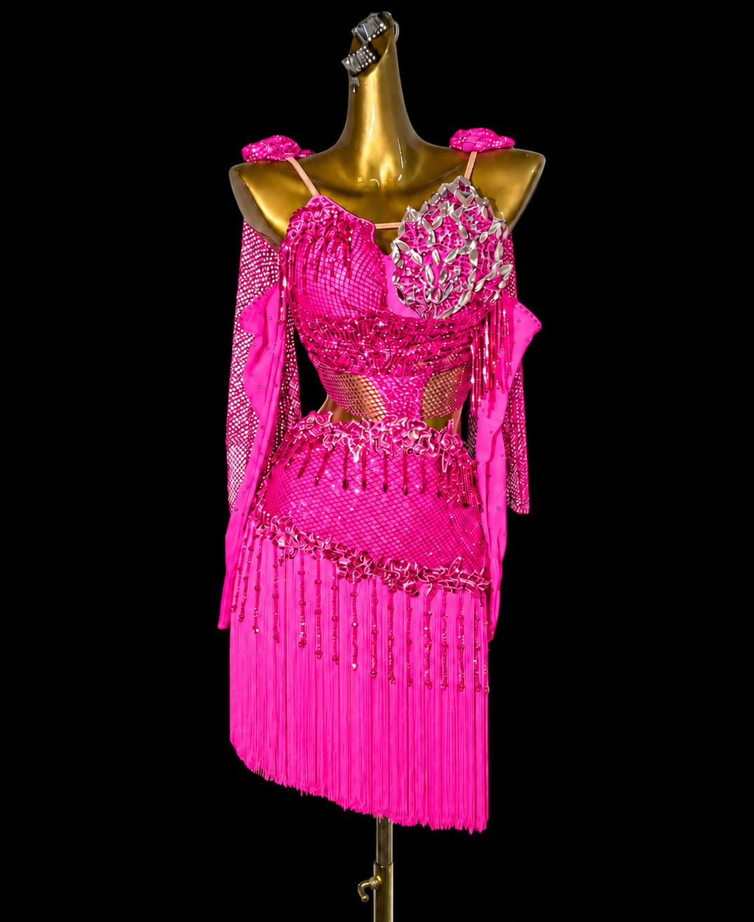 Custom Turquoise Fringe Competition Latin Dance Dress with Rhinestones Salsa Chacha Costume