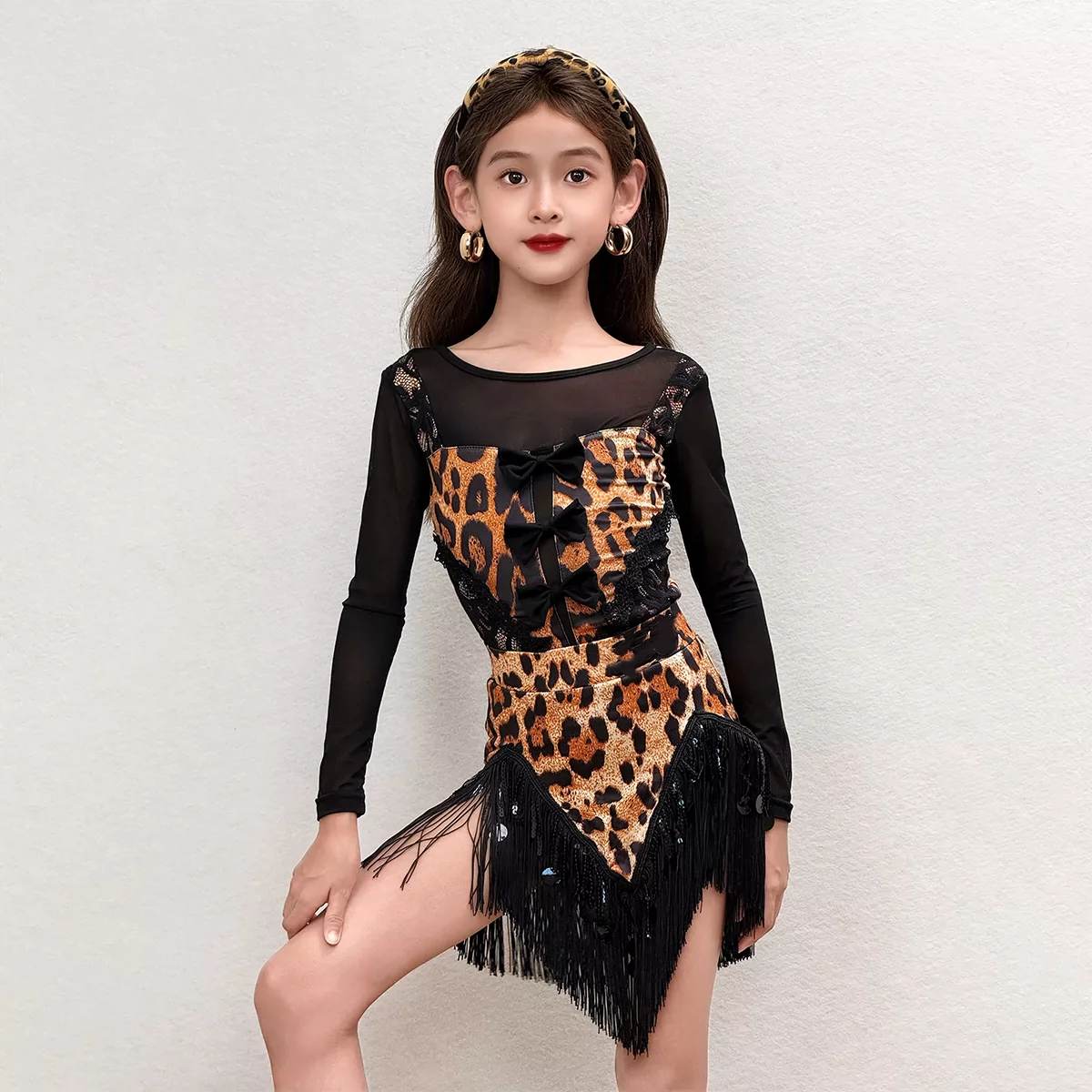 Girls Leopard Print Latin Dance Dress - Kids Fringe Salsa Ballroom Costume
