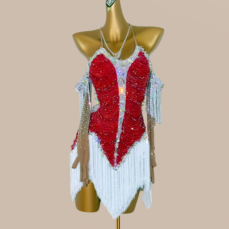 Custom Size Dark Flesh Competition Latin Dance Dresses for Women Girls Salsa Rumba Chacha Performance Costumes