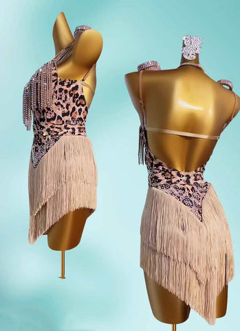 Custom size Leopard fringed competition Latin dance dress for women girls kids salsa rumba chacha rhinestones dancing flower clothes art test clothing - Moderndancedress.com