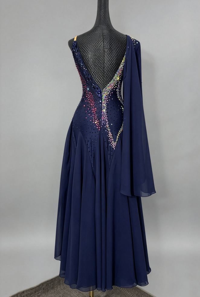 Custom Navy Blue American Smooth Dress Modern Ballroom Competition Gown Pink Rhinestones