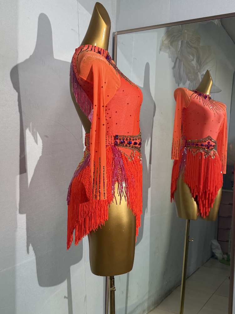 Custom Size Orange Fringe Competition Latin Dance Dresses for Women Girls Salsa Rumba Chacha Professional Dance Costumes - Moderndancedress.com