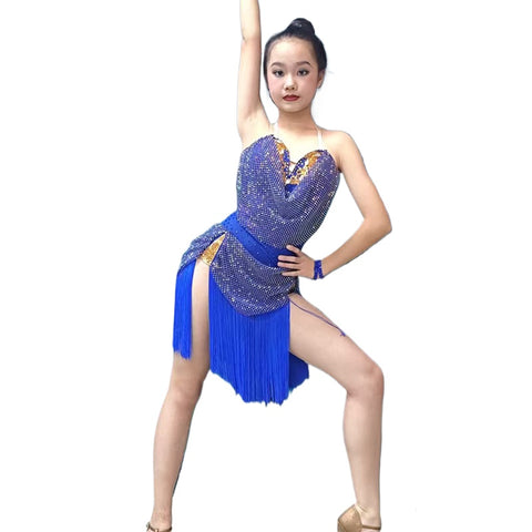 Custom Size Royal Blue Fringe Latin Dance Dresses for Women Girls Salsa Rumba Chacha Latin Costume