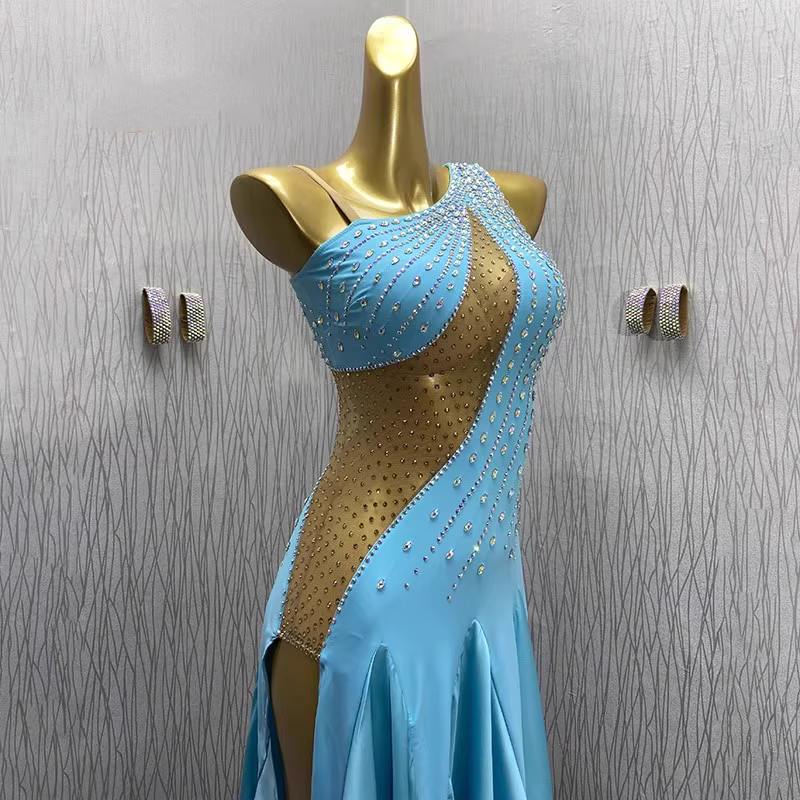 Custom Size American Smooth Dance Dresses for Women Girls Blue Ballroom Dance Waltz Tango Dance Long Gown