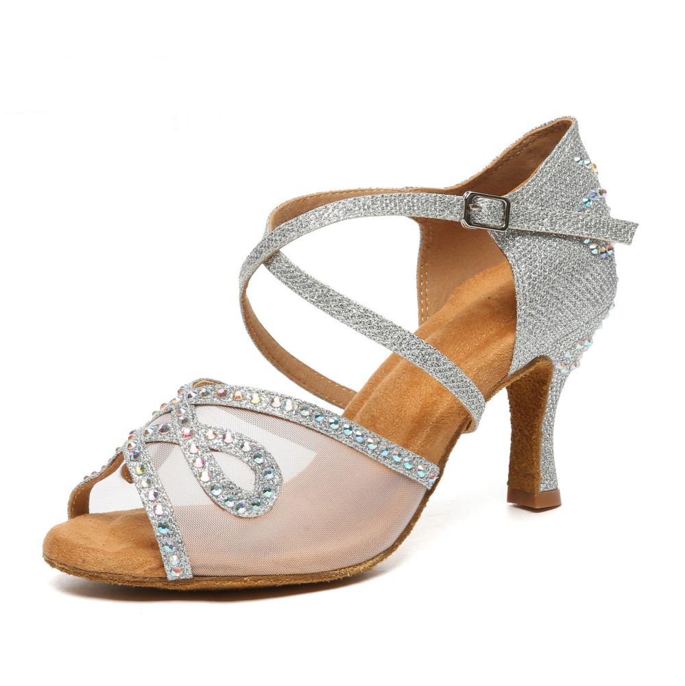 Pink Glitter Latin Dance Shoes Rhinestone Ballroom High Heel Bachata Dance Sandals