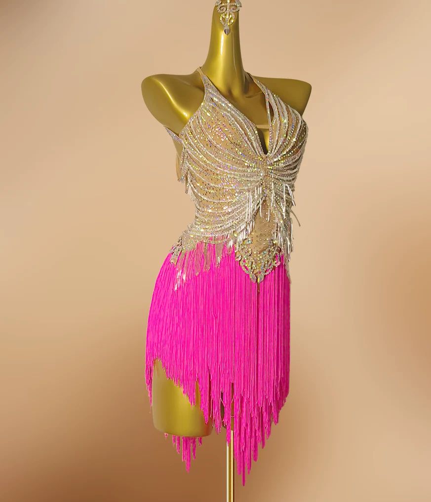Custom Size Professional Hot Pink Tassel Latin Rhythm Dress with Silver Crystals