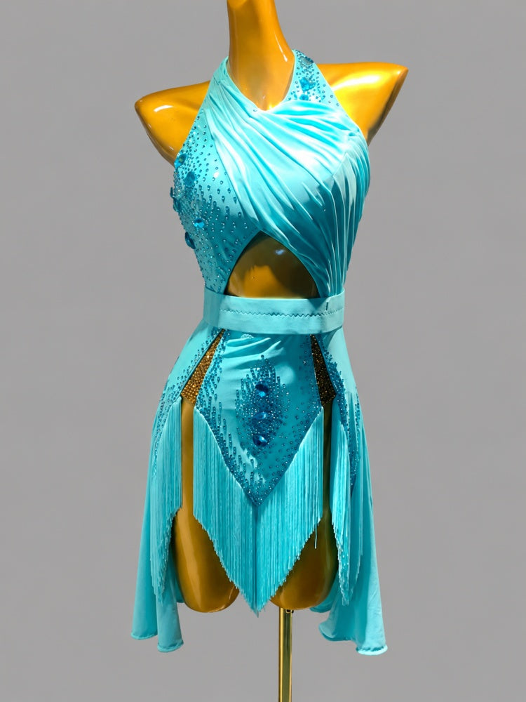 Custom Competition Aqua Blue Latin Dance Dress with Crystals & Fringe