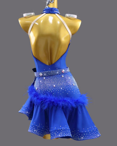 Custom size Royal blue feather rhinestones Latin dance Dresses for women girls salsa rumba chacha samba dance competition performance costumes - Moderndancedress.com