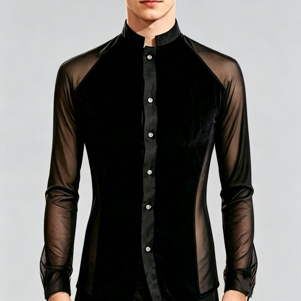 Men's Black Velvet & Mesh Latin Dance Shirt Professional Ballroom Competition Top