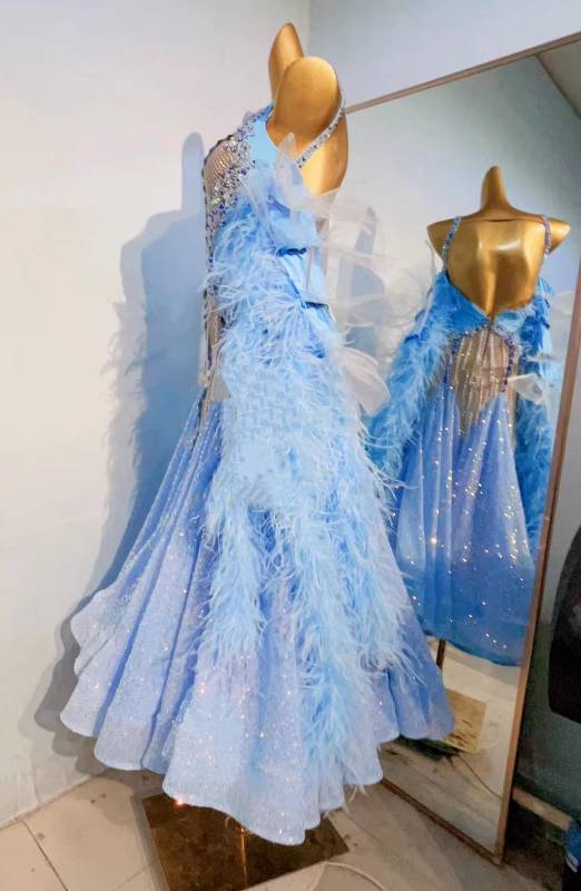 Custom Size Blue Ostrich Feather Competition Ballroom Dance Dresses for Women Waltz Tango Dancing Long Gown