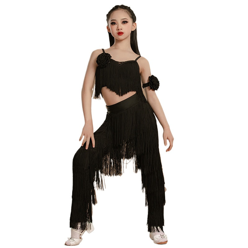 Yellow Red Fringe Latin Dance Dresses for Girls Kids Salsa Chacha Rumba Ballroom Dance Professional Costumes Tops and Pants - Moderndancedress.com