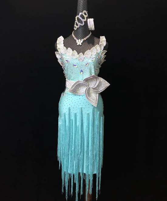 Custom Size Competition Mint Green Latin Dance Dress with Rhinestone Flower and Fringe