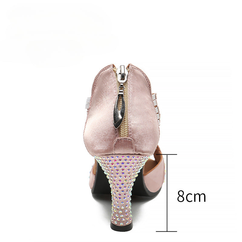Women's medium high heels Latin dance shoes rhinestones gold silver waltz tango competition soft soled dance shoes - Moderndancedress.com