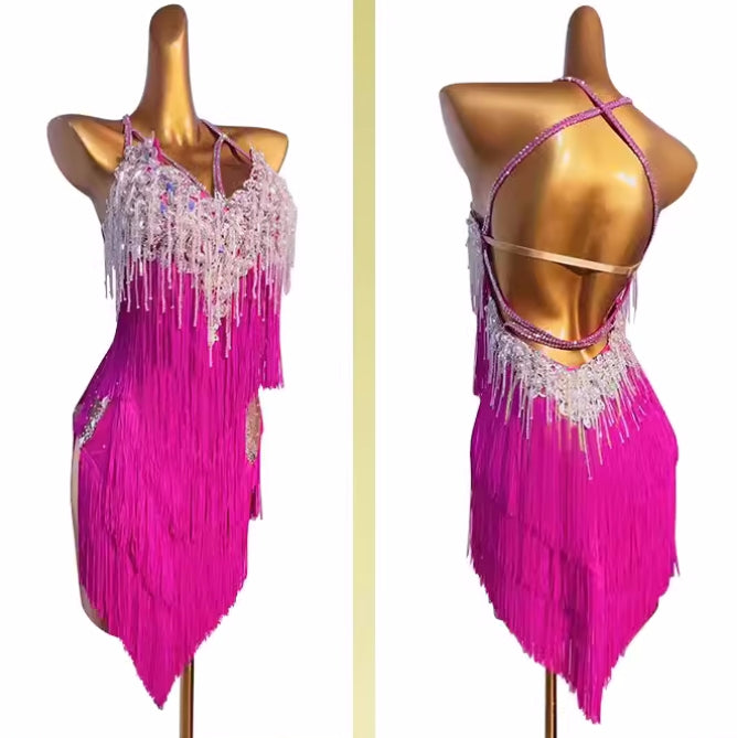 Customized size fuchsia orange fringe competition Latin dance dresses for women girls kids salsa chacha solo bling dance costumes art test wear - Moderndancedress.com