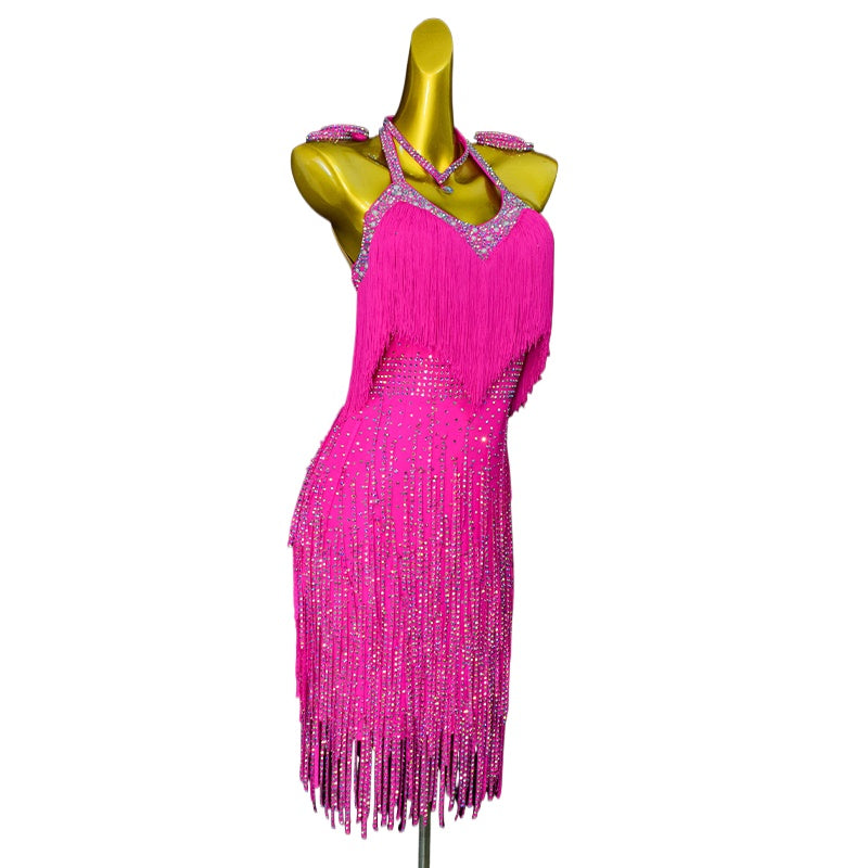 Custom Size Fuchsia Pink Competition Latin Dance Dresses Tassels Salsa Rumba Chacha Dance Costumes for Women - Moderndancedress.com