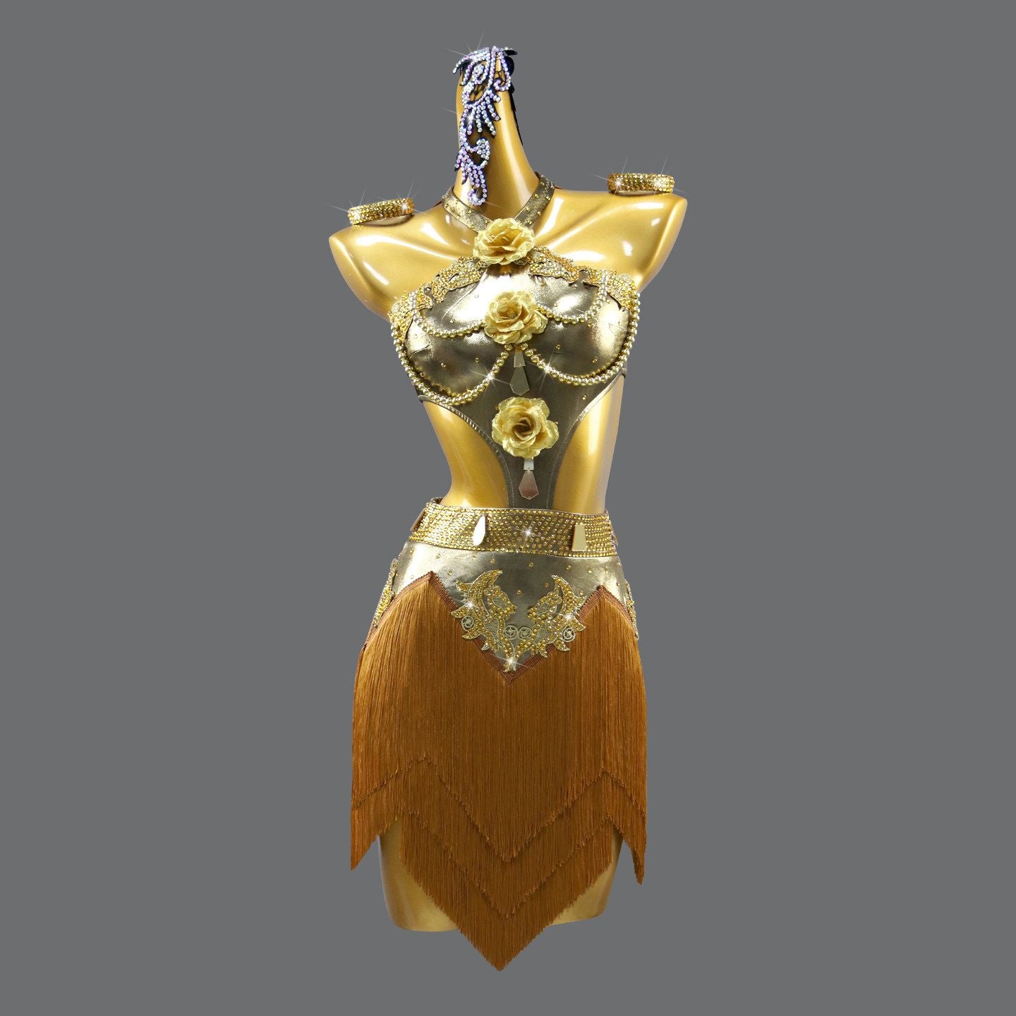 Custom Size Gold Latin Dance Dress Flower Suit Competition Performance Suit Bronzing Tassel