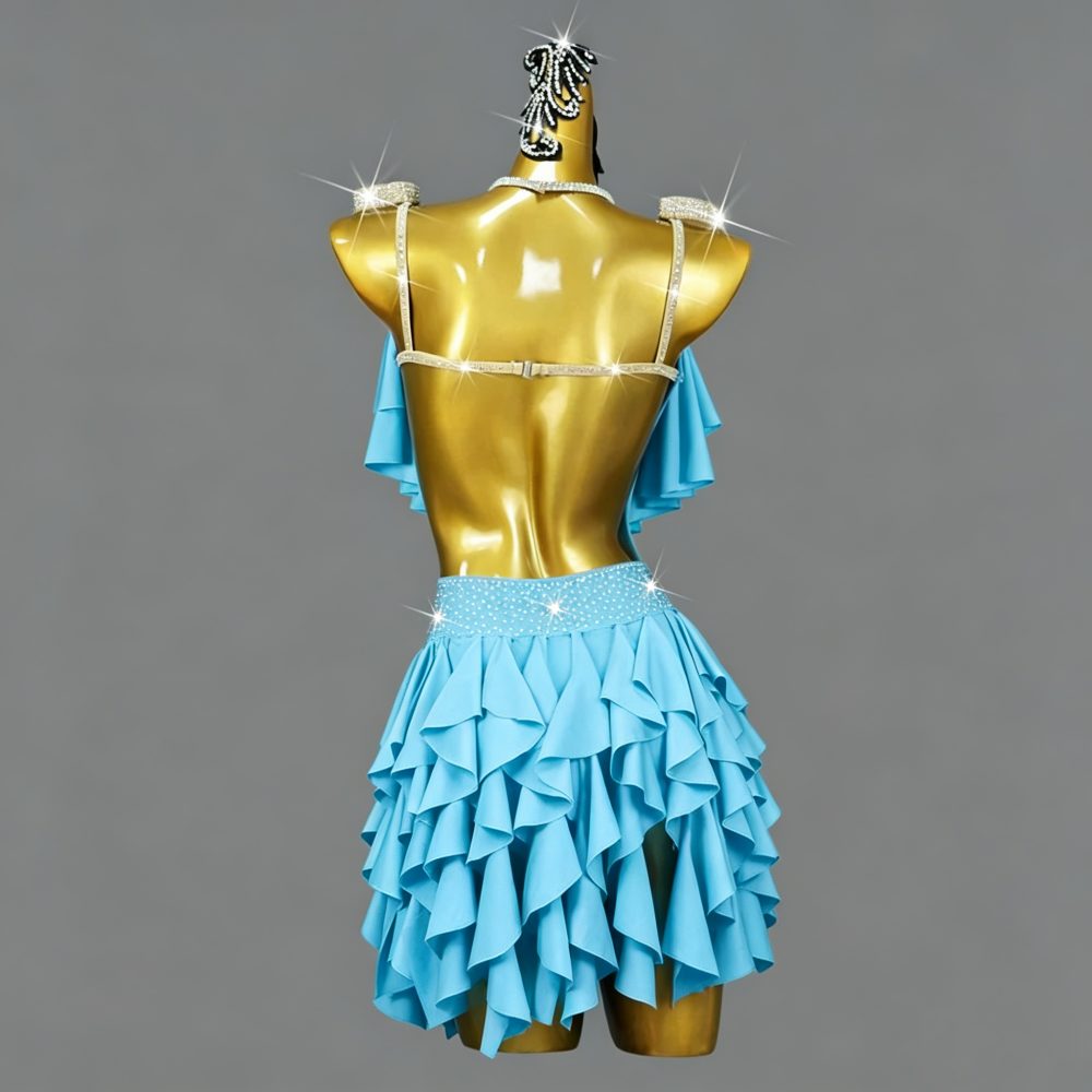 Sky Blue Ruffle Latin Dance Dress for Women - Luxury Rhinestone Strap Competition Costume