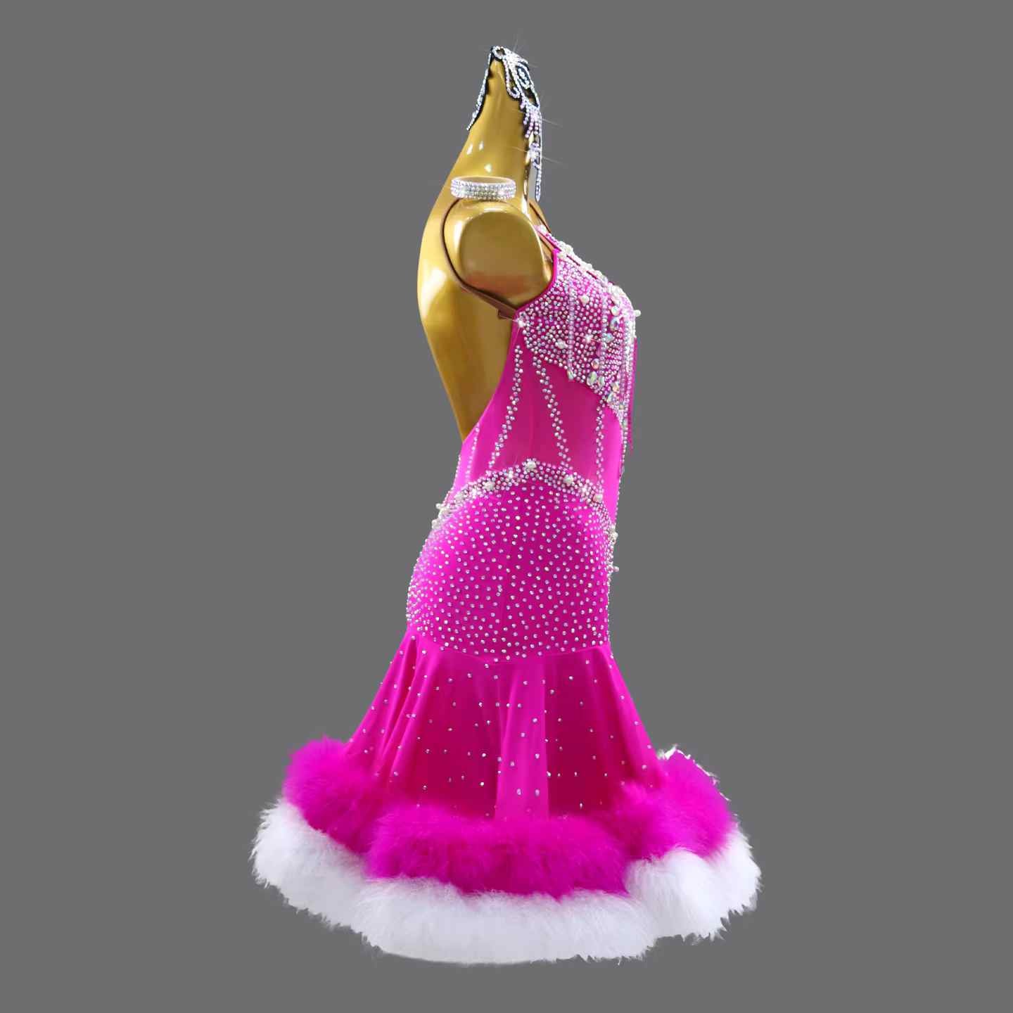 Custom Size Fuchsia Competition Latin Dance Dress Feather Slant Neck Salsa Chacha Costumes