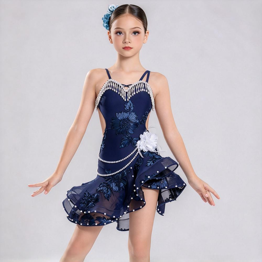 Girls Mint Green Latin Dance Dress Kids Pearl Fringe Cha-Cha Salsa Competition Gown