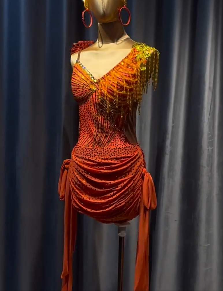 Custom Vibrant Orange Latin Dance Dress Rhinestone Fringe Competition Gown