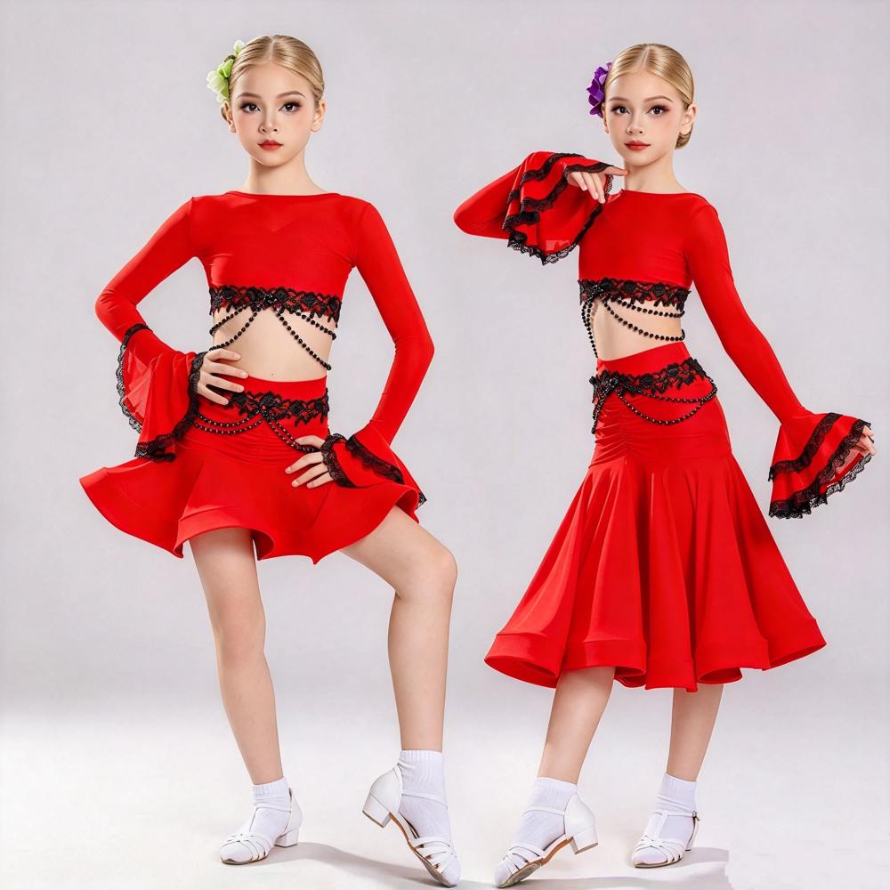 Girls Red Latin Ballroom Dance Dress 3-Piece in One Set Ballroom Performance Outfit