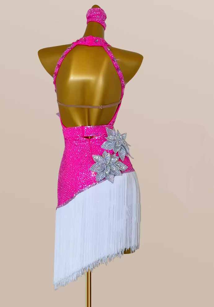 Custom Size Hot Pink Women's Latin Dance Dress Fringed Flower Decoration White Tassel