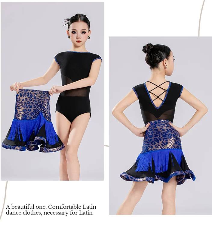 Girls Blue Leopard Fringe Latin Dance Dresses Kids Salsa Chacha Ballroom Performance Costume