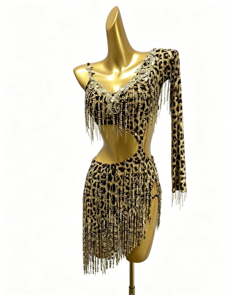 Custom Size Leopard Bling Latin Dance Dress Fringe Salsa Chacha Blackpool Competition Clothing