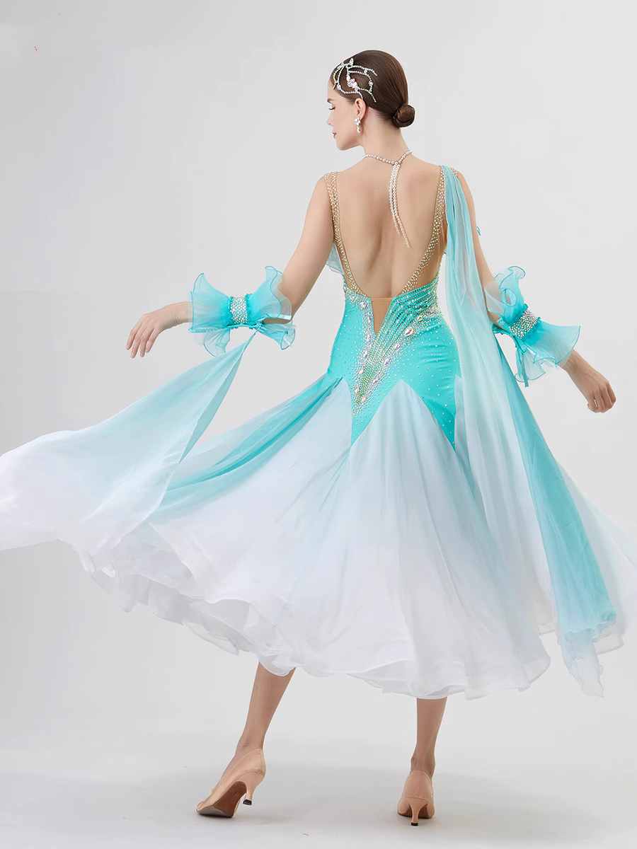 Custom Size Turquoise Competition Ballroom Dance Dresses for Women Waltz Tango Rhythm Dance Long Skirt - Moderndancedress.com