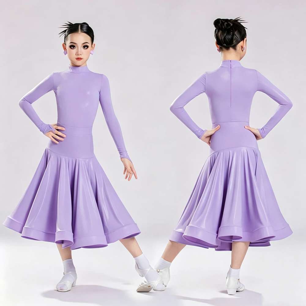 Girls Ballroom Dance Dresses Purple Black Shiny Waltz Tango Foxtrot Long-sleeved Performance Costume