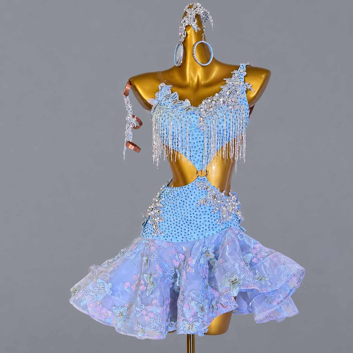 Custom Blue Latin Dance Dress with 3D Butterfly Lace Embroidery