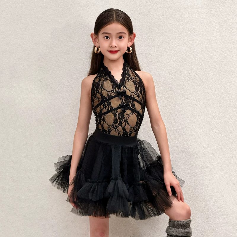 Kids Black Lace Latin Dance Dress Halter Neck Girls Ballroom Salsa Dance Costume