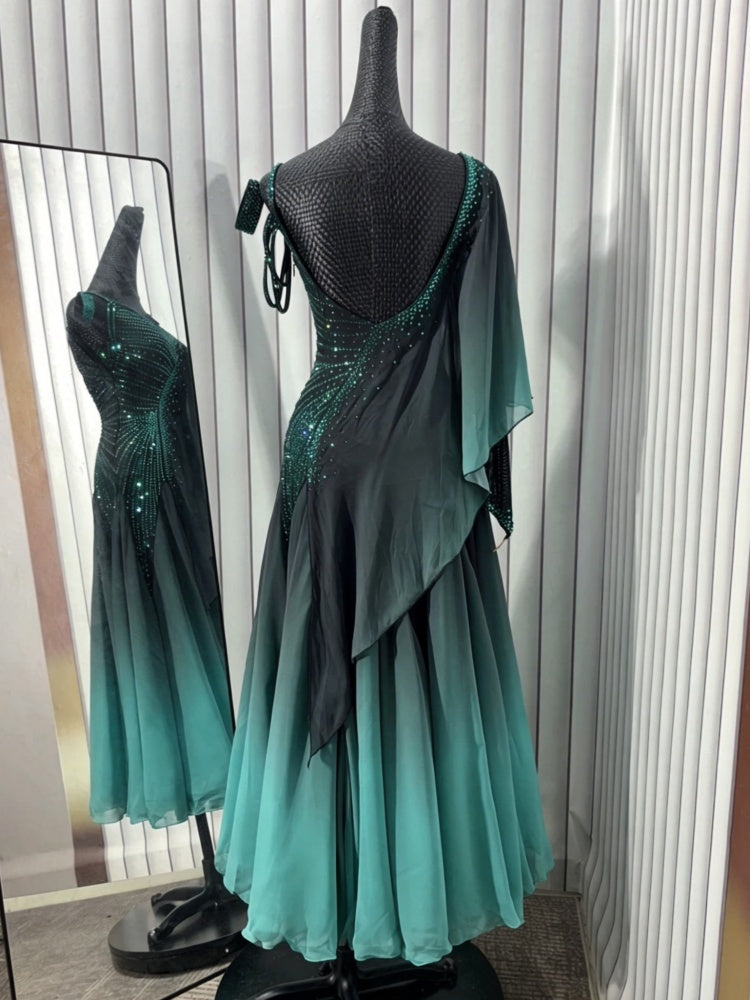 Custom Emerald Ombre American Smooth Ballroom Dress Crystal Competition Gown