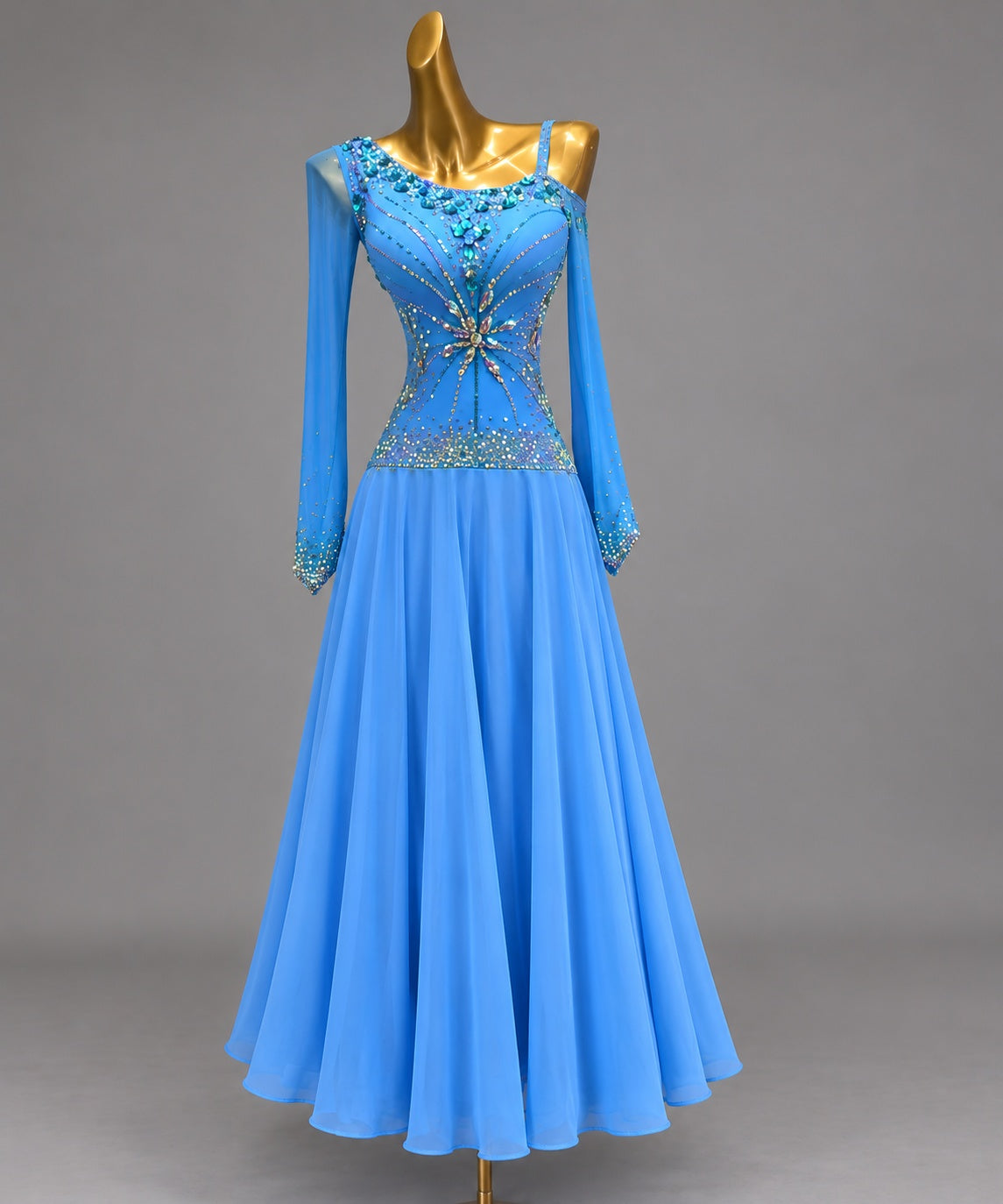 Custom Blue Starburst Rhinestone American Smooth Ballroom Dance Dress One Shoulder