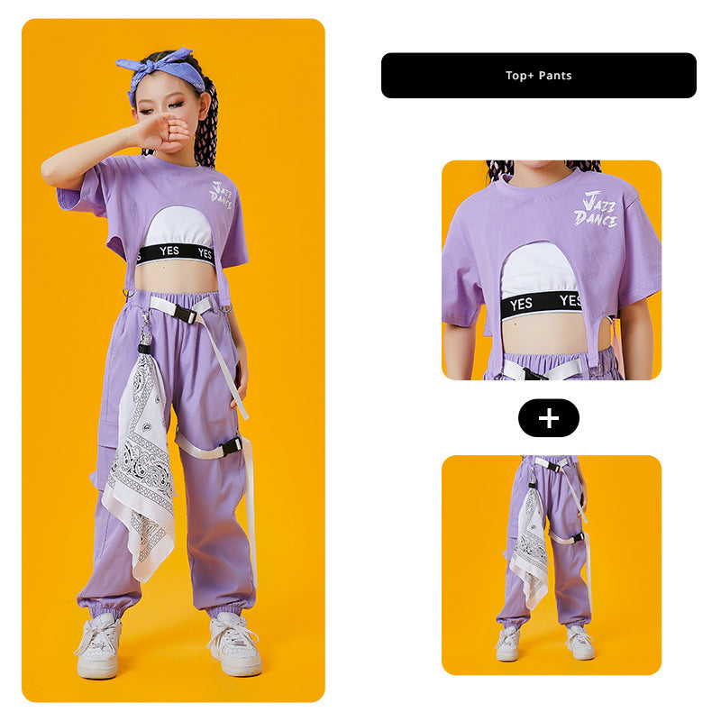 Girls hip hop street jazz dance costume Children fashion purple stage performance model catwalk gogo dancers dance outfits for kids - Moderndancedress.com