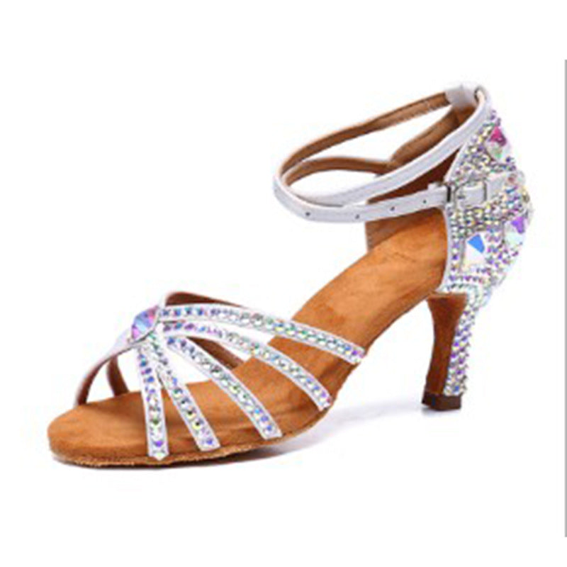 White Black Blue Rhinestones Latin Dance Shoes for Women Girls High-heeled Sparkling Ballrom Tango Salsa Chacha Dance Shoes Soft Soles Sandals - Moderndancedress.com