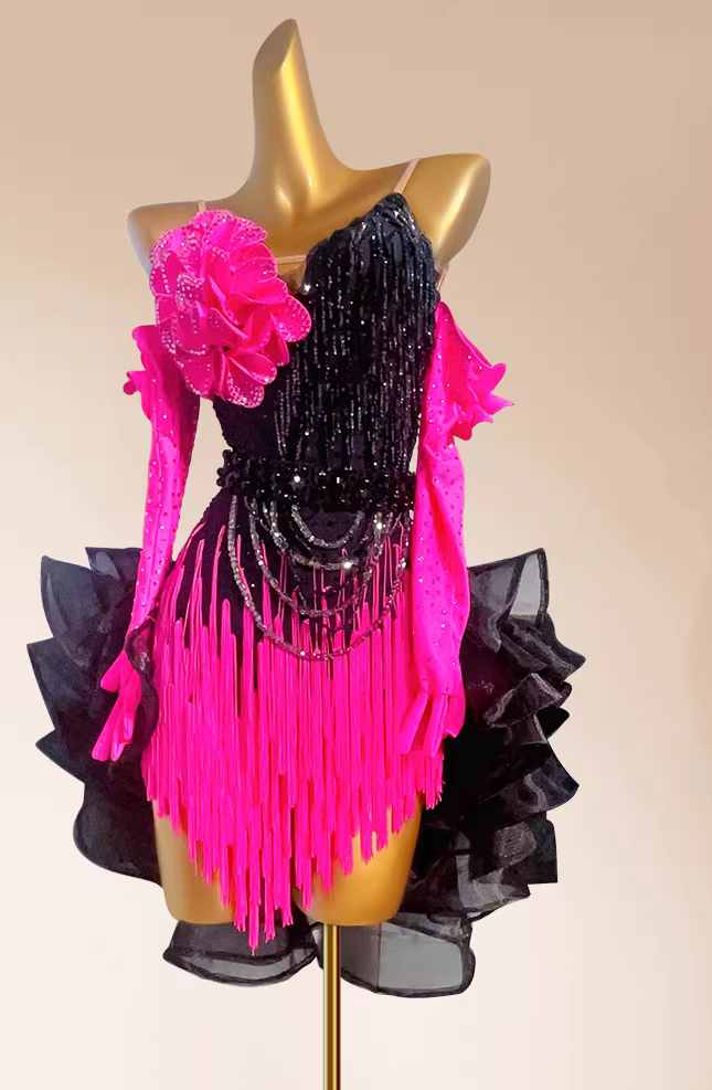 Custom Size Orange Pink Competition Latin Dress for Women Tuxedo Skirt with Gloves