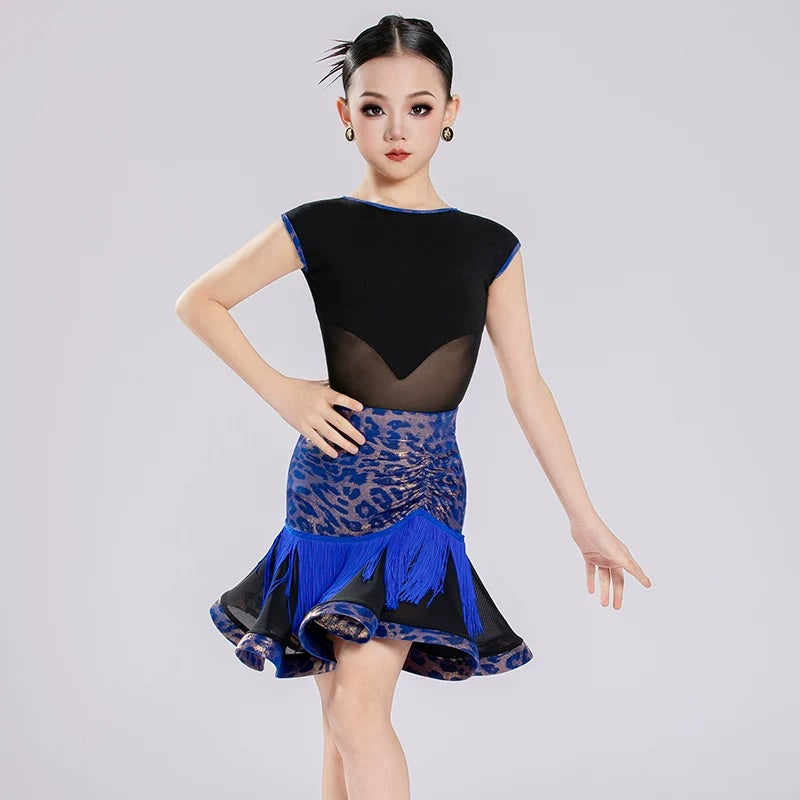 Girls Blue Leopard Fringe Latin Dance Dresses Kids Salsa Chacha Ballroom Performance Costume