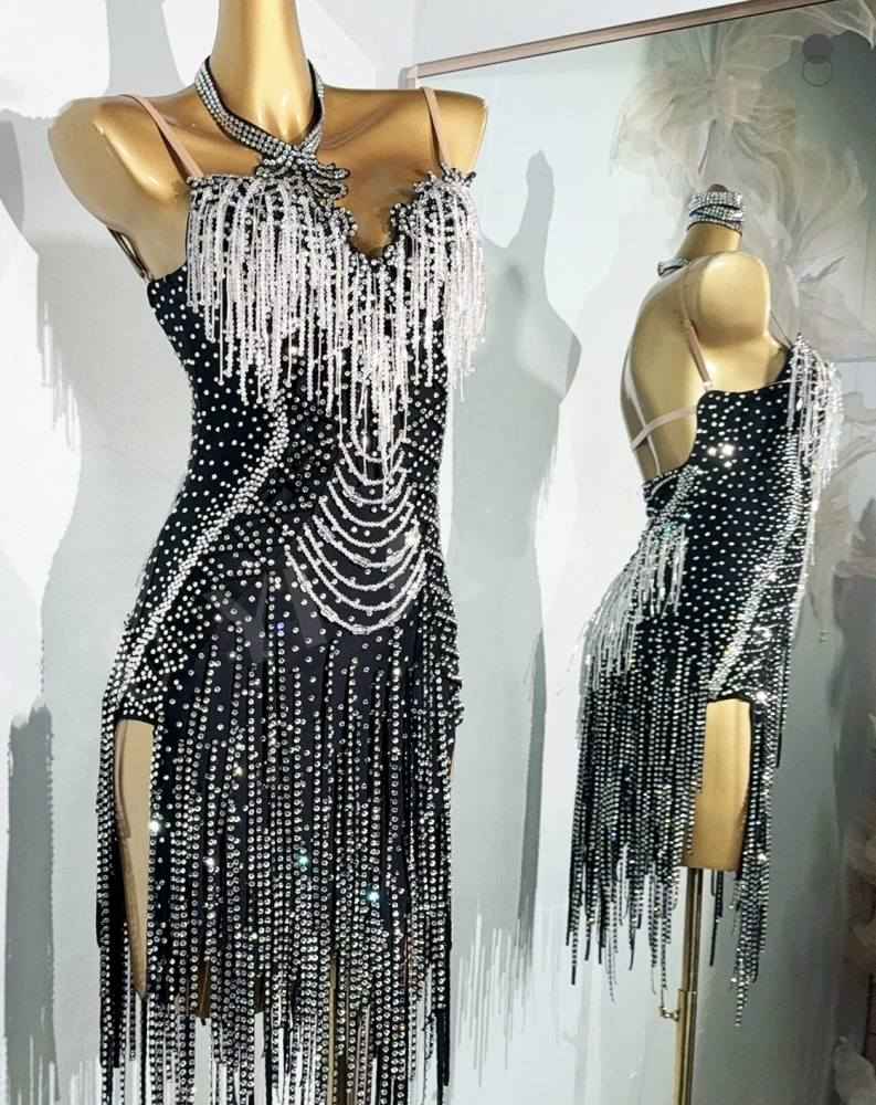 Custom Size Sparkly Black Latin Dance Dress with White Crystal Fringe for Women