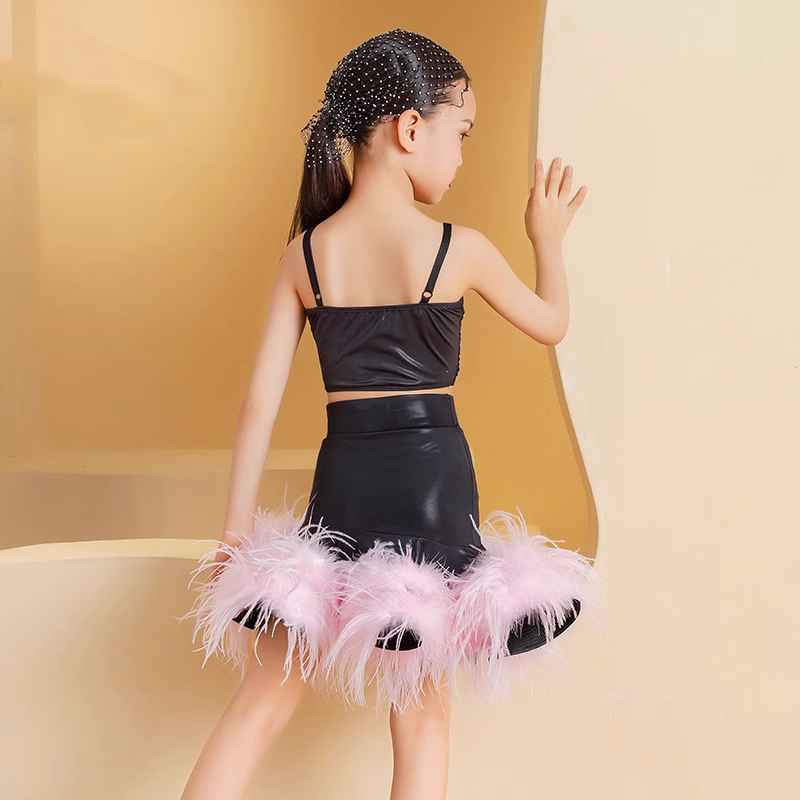 Pink Ostrich Feather Competition Latin Dance Dresses for Girls Kids Salsa Rumba Chacha Ballroom Party Stage Performance Clothes Dancewear - Moderndancedress.com