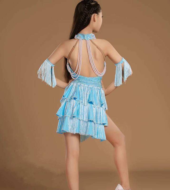 Girls Latin Dance Dresses Green Fuchsia Blue Competition Ballroom Dance Costumes Kids Salsa Rumba Chacha Blackpool Dance Wear - Moderndancedress.com