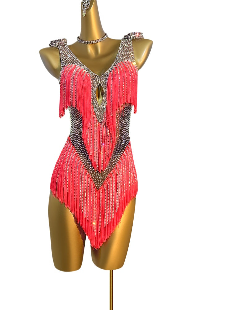 Custom Size Gemstones Red Fringe Latin Dance Dresses for Women Girls Salsa Rumba Chacha Performance Skirts - Moderndancedress.com