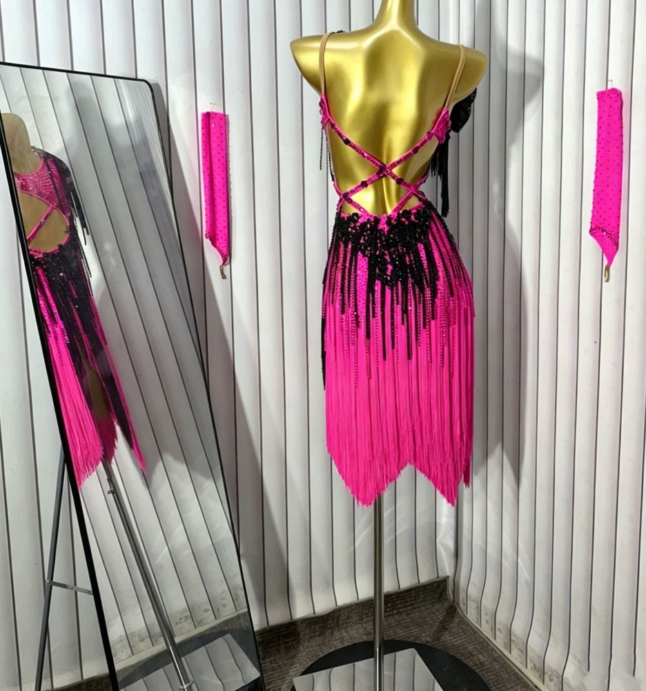 Custom Size Hot Pink Black  Fringe Crystal Latin Dance Dress for Girls Blackpool Salsa Chacha Dance Competition Gown