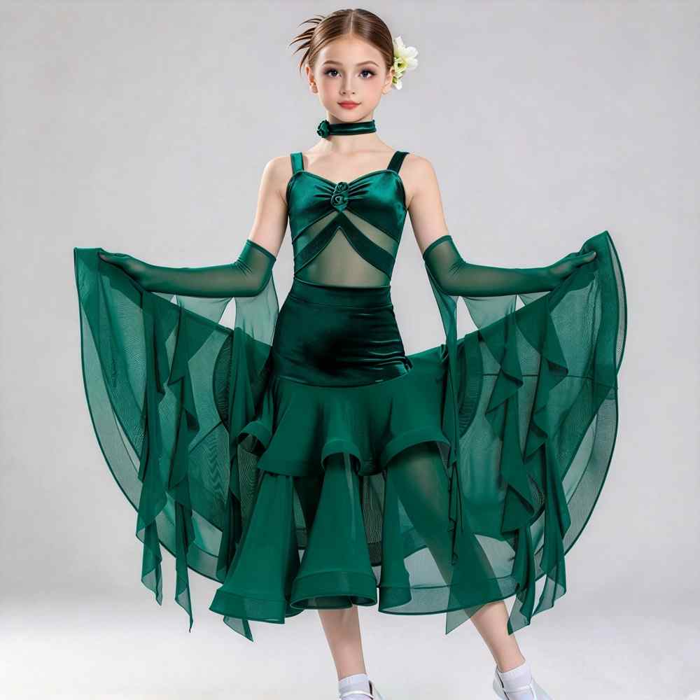 Girls Emerald Green Velvet Latin Ballroom Dance Dress with Sleeves Float