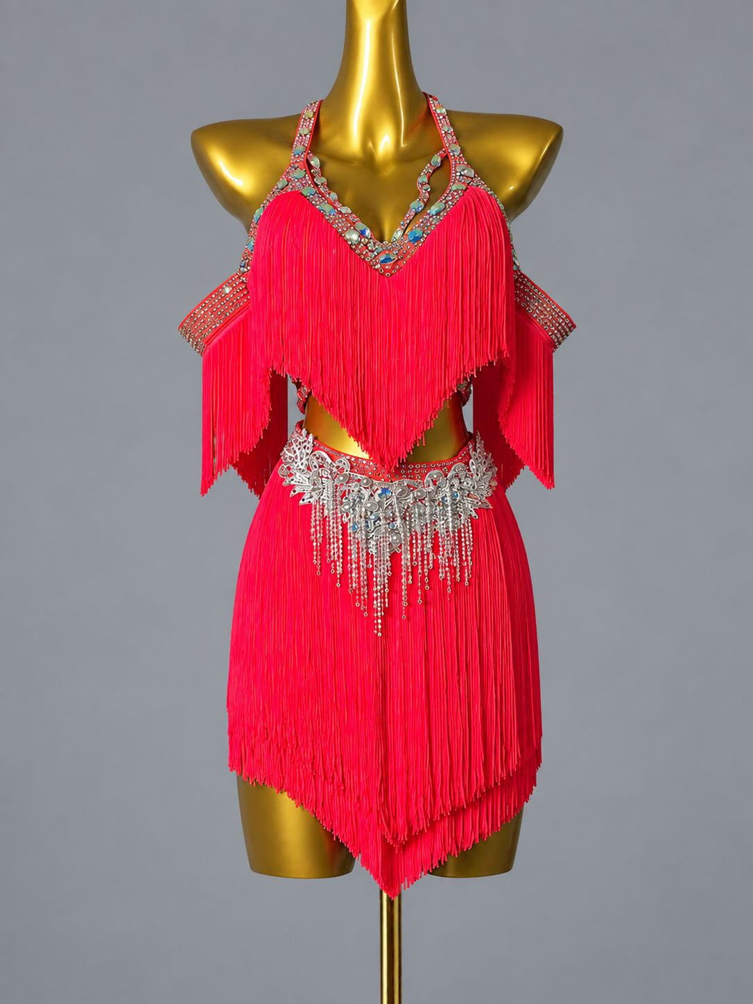 Custom Turquoise Competition Latin Dance Dress Crystal Rhinestone Fringe