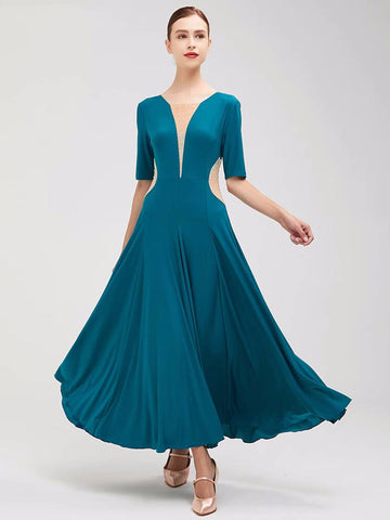 Wine blue competition ballroom dance dresses for women girls gemstones waltz tango Modern dance costume short-sleeved - Moderndancedress.com
