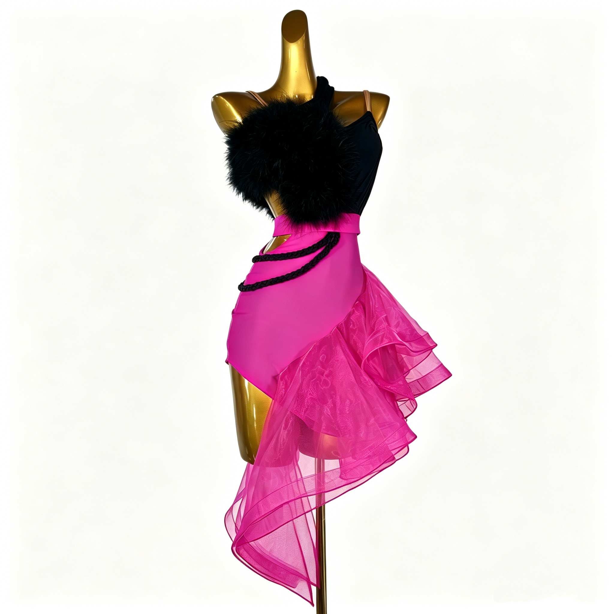 Custom Size Asymmetric Pink & Black Latin Dance Dress for Competition