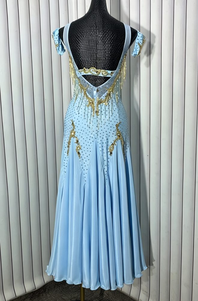 Custom Light Blue American Smooth Dance Dress with Gold Fringe Rhinestones Waltz Gown