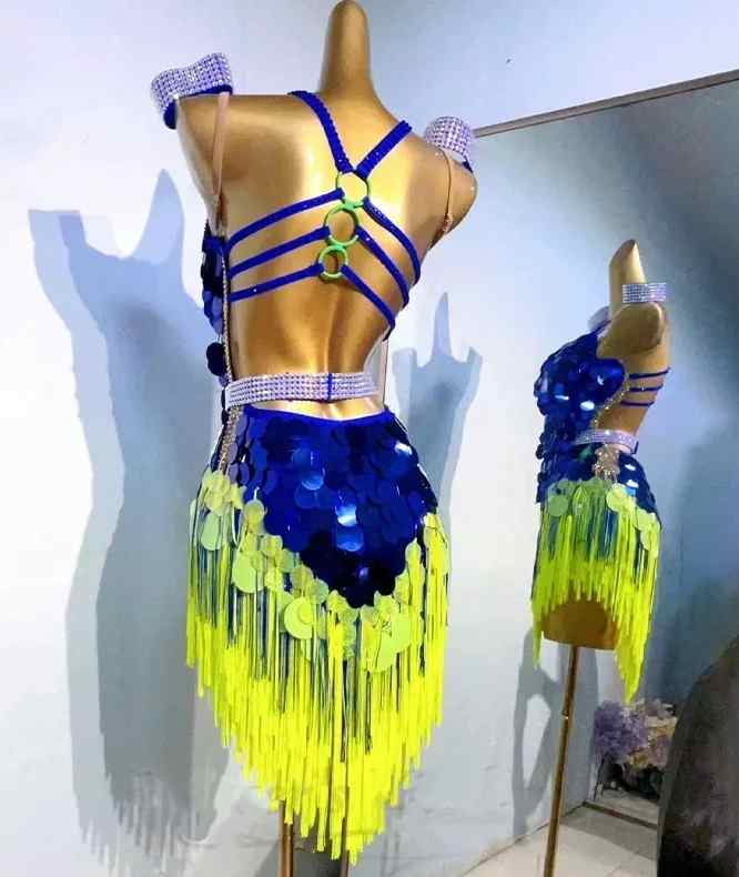 Custom Size Latin Dance Dresses for Women Girls Royal Blue Yellow Competition Salsa Chacha Rumba Blackpool Dance Costumes