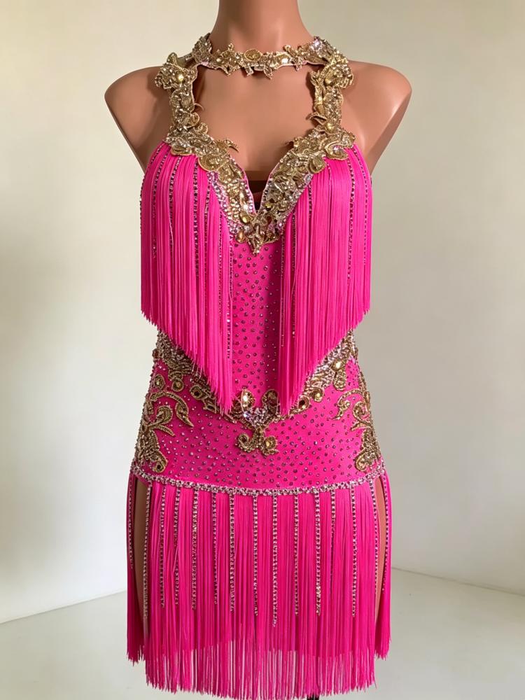 Custom Gold Crystal Orange Competition Latin Dance Dress with Fringe